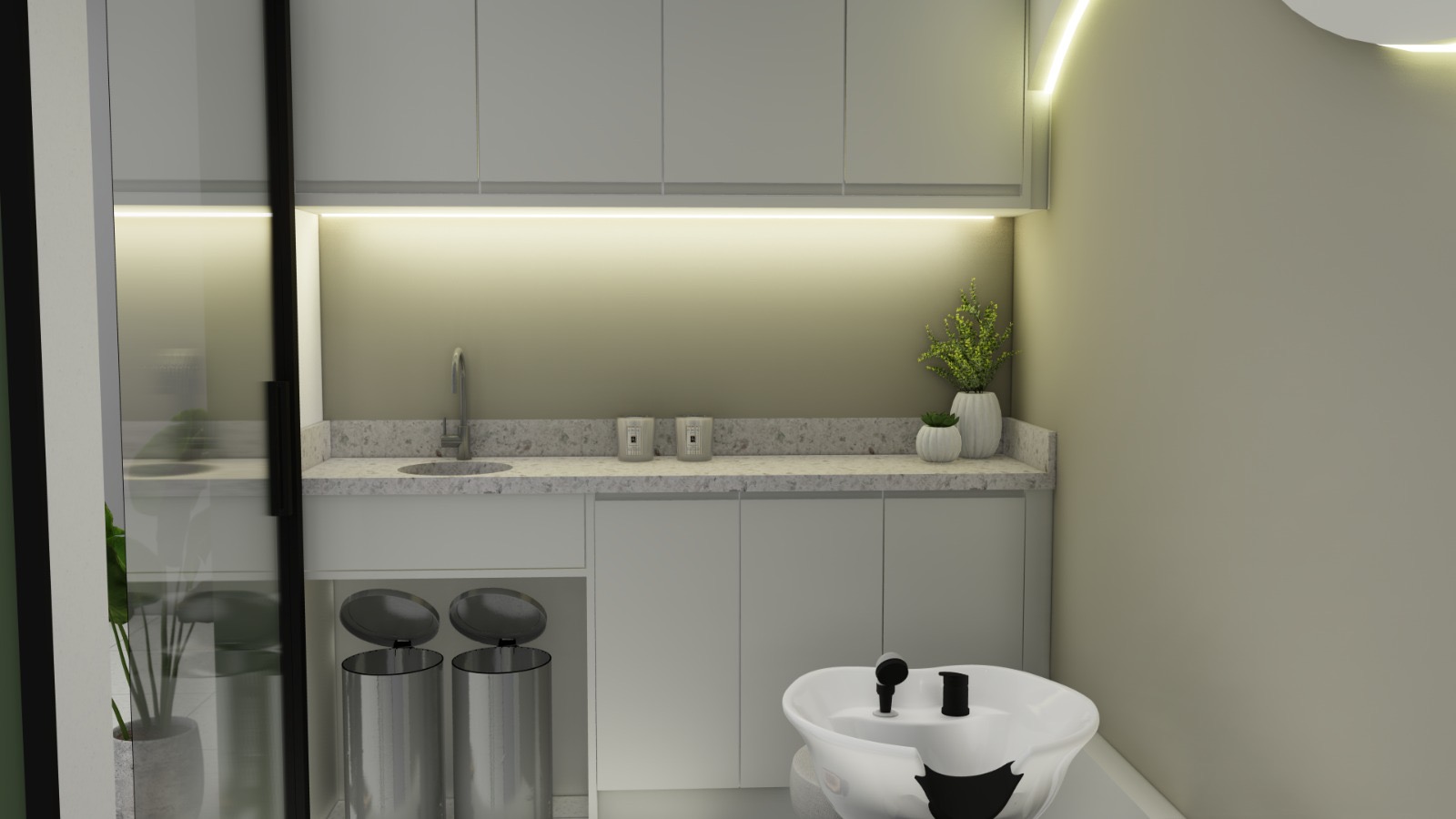 Detalhe da sala de head spa com luz indireta